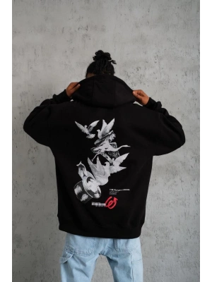 Erkek 3 İplik Pamuklu Kapüşonlu Baskılı Cepli Oversize Sweatshirt Hoodie - Siyah
