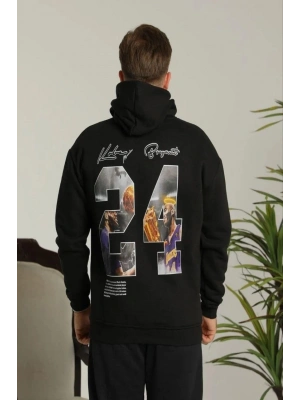 Erkek 3 İplik Pamuklu Kapüşonlu Baskılı Cepli Oversize Sweatshirt Hoodie - Siyah