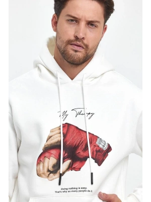Erkek 3 İplik Pamuklu Kapüşonlu Cepli Box Eldiven Baskılı Hoodie Sweatshirt - Beyaz