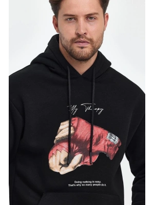 Erkek 3 İplik Pamuklu Kapüşonlu Cepli Boxy Eldiven Baskılı Hoodie Sweatshirt - Siyah