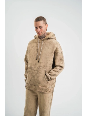 ERKEK 3 iplik Pamuklu Oversize Kapüşonlu Yıkamalı Hoodie SweatShirt - Bej