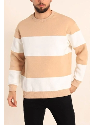 Erkek 3 iplik pamuklu Parçalı Bisiklet Yaka SweatShirt - Bej