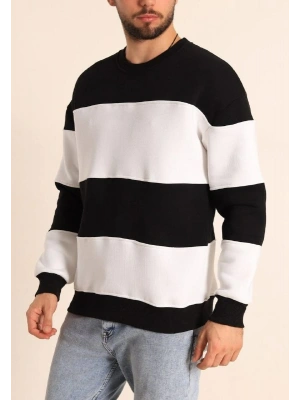 Erkek 3 iplik pamuklu Parçalı Bisiklet Yaka SweatShirt - Siyah
