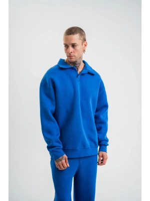 Erkek Açık Yakalı Oversize 3 İplik Pamuklu Sweatshirt - Mavii