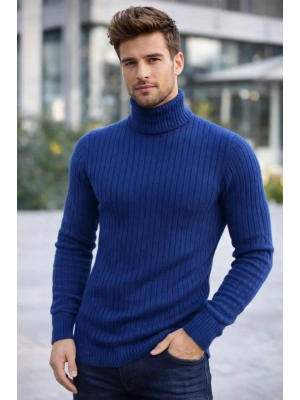 Erkek Balıkçı Yaka Boğazlı Triko Kazak Kalın Fitilli Regular Fit - İndigo