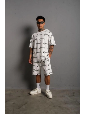 Erkek Baskılı İkili Şortlu Alt-Üst Takım - Beyaz