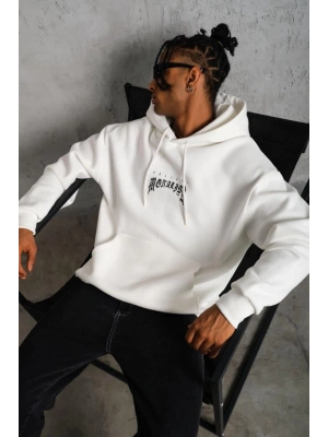 Erkek Baskılı Kapüşonlu ve Kanguru Cepli Sweatshirt hoodie - Beyaz
