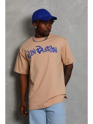 Erkek Baskılı Tişört Kısa Kol Bisiklet Yaka Oversize T-Shirt - Bej