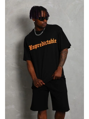 Erkek Baskılı Tişört Kısa Kol Bisiklet Yaka Oversize T-Shirt - Siyah