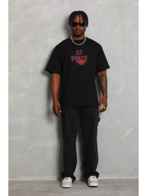 Erkek Baskılı Tişört Kısa Kol Bisiklet Yaka Oversize T-Shirt - Siyah