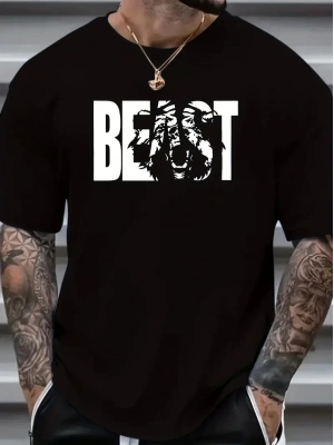 Erkek Baskılı Tişört Kısa Kol Bisiklet Yaka Oversize T-Shirt - Siyah