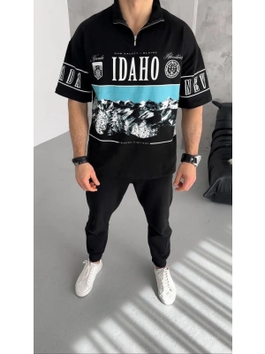 Erkek  Baskılı Yarım Fermuarlı  Kısa kol T-Shirt - Siyah