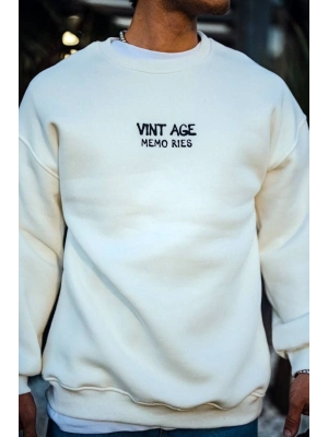 Erkek Bisiklet Yaka 3 İplik pamuklu Baskılı SweatShirt - Beyaz