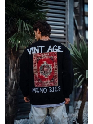 Erkek Bisiklet Yaka 3 İplik Pamuklu Baskılı SweatShirt - Siyah