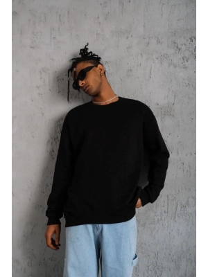 Erkek Bisiklet Yaka Baskılı 3 İplik Pamuklu Sweatshirt -  Siyah