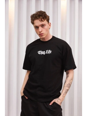 Erkek Bisiklet Yaka Baskılı  Kısa kol Oversize T-Shirt - Siyah