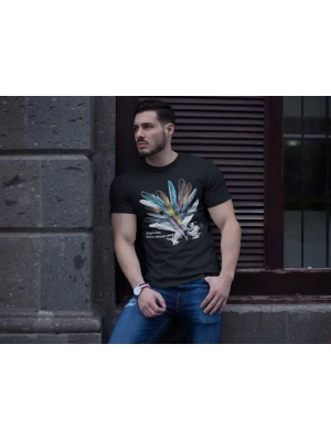 ERKEK Bisiklet Yaka Baskılı Kısa kol T-Shirt - Siyah