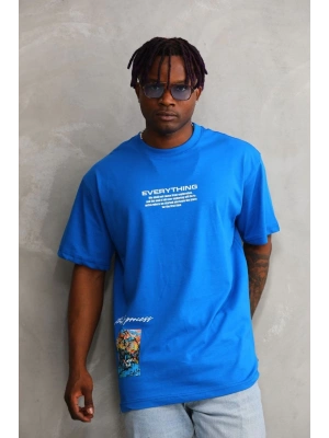 Erkek Bisiklet Yaka Baskılı Oversize T-Shirt - Mavi