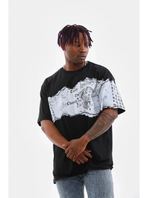 Erkek  Bisiklet Yaka Baskılı Oversize T-Shirt - Siyah