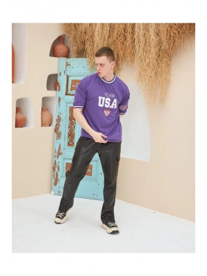 Erkek Bisiklet Yaka Tişört Nakış İşlemeli Kısa Kol Oversize T-Shirt - Mor