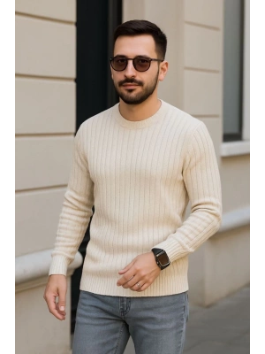 Erkek Bisiklet Yaka Triko Kazak Pamuklu Kalın Fitilli Dokuma Regular Fit - Bej