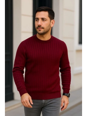 Erkek Bisiklet Yaka Triko Kazak Pamuklu Kalın Fitilli Dokuma Regular Fit - Bordo