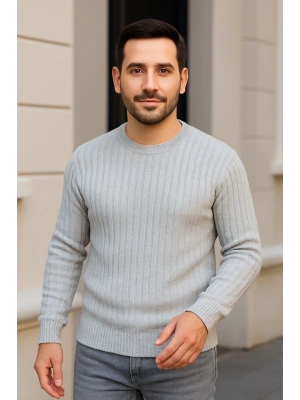 Erkek Bisiklet Yaka Triko Kazak Pamuklu Kalın Fitilli Dokuma Regular Fit - Gri