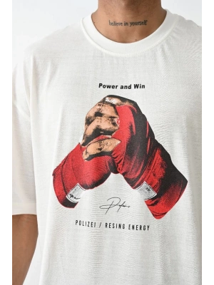 Erkek Box Eldiven Baskılı T-Shirt Kısa Kol Bisiklet Yaka Tişört - Beyaz