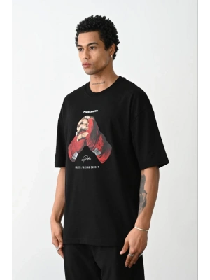 Erkek Boxy Eldiven Baskılı T-Shirt Kısa Kol Bisiklet Yaka Tişört - Siyah