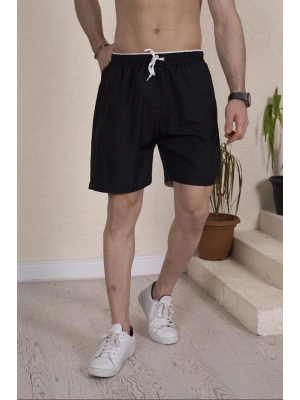 Erkek Deniz Şortu Fermuarlı Cepli File Astarlı - Siyah