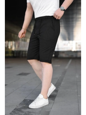 Erkek Diagonel Kumaş Duble Paça Cepli Bağcıklı Bel Lastikli ŞORT - Siyah