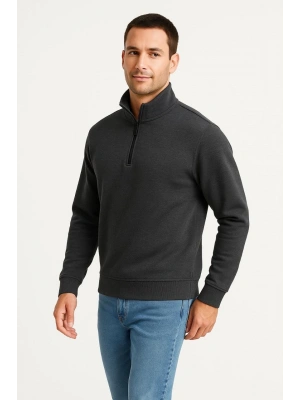 Erkek Dik Yaka Yarım Fermuarlı 3 İplik Pamuklu Sweatshirt -  Antrasit
