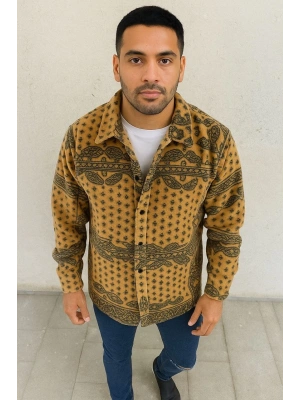 Erkek Düğmeli Gömlek Polar Sweatshirt Yumuşak Dokulu Oversize Kalıp -Sarı
