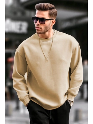Erkek Düz Bisiklet Yaka 3 iplik pamuklu Sweatshirt - Bej