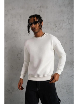 Erkek Düz Bisiklet Yaka 3 iplik pamuklu Sweatshirt - Beyaz