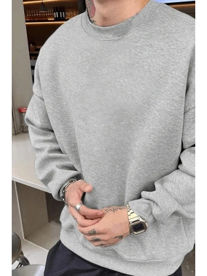 Erkek Düz Bisiklet Yaka 3 iplik pamuklu sweatshirt - Gri