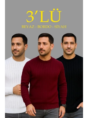 Erkek Fitilli Triko Bisiklet Yaka Kalın Kazak 3lü Set Beyaz-Bordo-Siyah