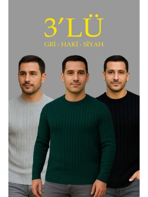 Erkek Fitilli Triko Bisiklet Yaka Kalın Kazak 3lü Set Gri-Haki-Siyah