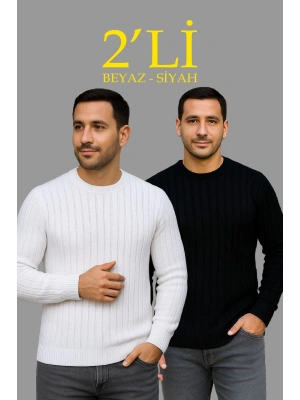 Erkek Fitilli Triko Kazak 2’li Set Siyah Beyaz Kalın Dokuma Pamuklu Regular Fit Bisiklet