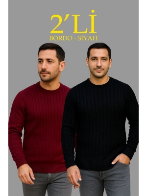 Erkek Fitilli Triko Kazak 2’li Set Siyah Bordo Kalın Dokuma Pamuklu Regular Fit Bisiklet
