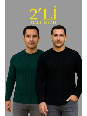 Erkek Fitilli Triko Kazak 2’li Set Siyah Haki Kalın Dokuma Pamuklu Regular Fit Bisiklet