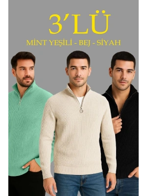 Erkek Fitilli Triko Kazak 3’lü Set Mint Yeşili Siyah Bej Kalın Dokuma Pamuklu Regular Fit