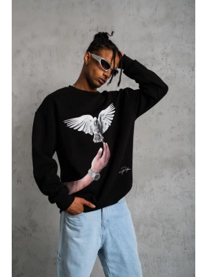 Erkek Güvercin Baskılı 3 iplik Bisiklet Yaka ipamuklu Sweatshirt - Siyah