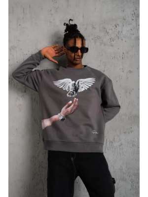 Erkek Güvercin Baskılı 3 iplik pamuklu Bisiklet Yaka Sweatshirt - Gri