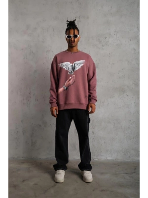 Erkek Güvercin Baskılı Bisiklet Yaka Sweatshirt 3 iplik pamuklu - Gül Kurusu