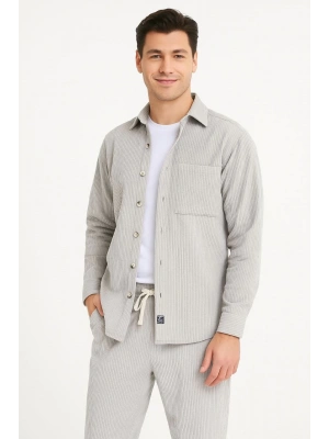 Erkek Kadife Oversize Takım Gömlek Pantolon İkili Set - Gri