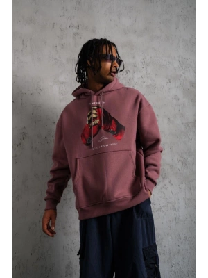 Erkek Kapüşonlu Cepli Box Eldiven Baskılı 3 İplik Sweatshirt Hoodie - Gül Kurusu