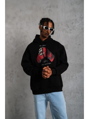 Erkek Kapüşonlu Cepli Box Eldiven Baskılı 3 İplik Sweatshirt Hoodie - Siyah