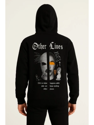 Erkek Kapüşonlu Kanguru Cepli Sweatshirt 3 İplik Pamuklu Baskılı Hoodie - Siyah