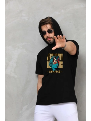 Erkek Kapüşonlu Kolsuz Oversize Baskılı Tişört - Siyah